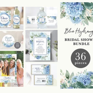 SINI Blue Hydrangea Bridal Shower Big Bundle, Dusty Blue, Bridal Shower Invite, Poster, Favor Tag, Table Sign  digital download, template