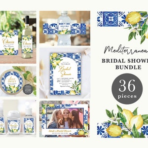 Mediterranean Blue Tiles and Lemon Bridal Shower Big Bundle, Italian, Amalfi Coast, Positano, Navy Blue, digital download, template L2