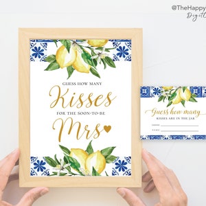 Blue Tiles Lemon Guess How Many Kisses Sign and Card, editable digital instant download, template , bridal shower game, L2 image 1