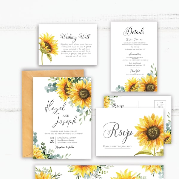 Sunflower themed Printable Wedding Invitation Set, editable instant download, digital download, template SU1
