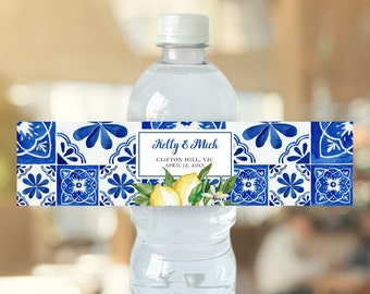 Mediterranean Blue Tiles and Lemon themed water bottle label, editable digital instant download, template L1, L2