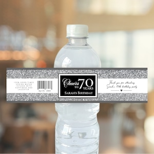 FIDDA zilver glitter waterflesetiket, bewerkbare digitale instant download, sjabloon