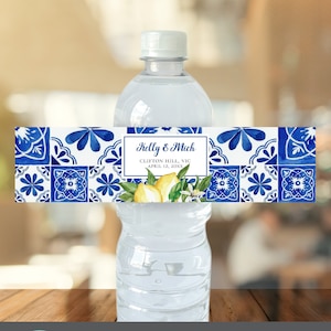 Mediterranean Blue Tiles and Lemon themed water bottle label, editable digital instant download, template L1, L2