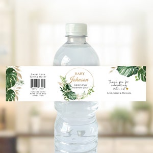 Tropical & Gold themed Baby Shower water bottle label, editable digital instant download, template TG1 TG2