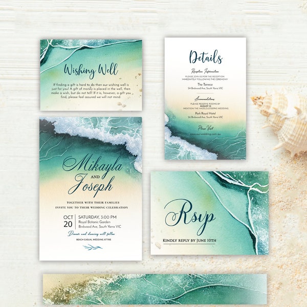 GENY Beach themed Wedding Invite Set, wave, sea foam, ocean, aqua, turquoise, teal, beach shore, cyan, coastal, digital download, template