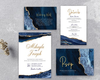 May include: Blue and gold wedding invitation suite with a watercolor background. The invitation features the names "Mikayla and Joseph" and the date "Oct 20". The RSVP card has a gold "RSVP" and the text "Kindly reply by June 10th".