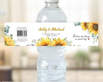 Sunflower themed Water Bottle Label, editable digital instant download, template SU1