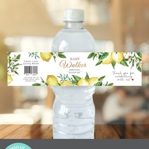 Lemon themed Water Bottle Label, editable digital instant download, template, wedding, bridal shower, L1