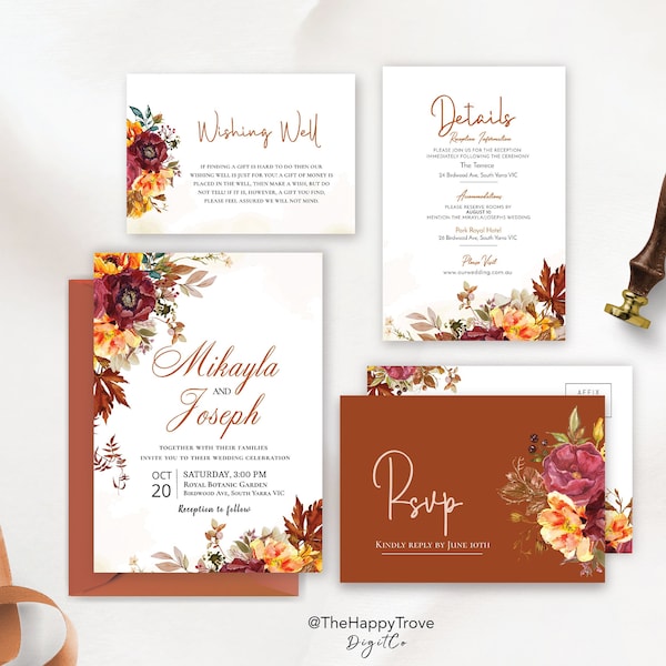 AMBER Fall in Love Printable Wedding Invitation Set, editable instant download, digital download, template