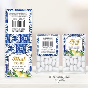 Mediterraans blauwe tegels en citroenmunt To Be Tic Tac-label, Italiaans, Amalfikust, Positano, marineblauw, huwelijksbedankje, sjabloon L2