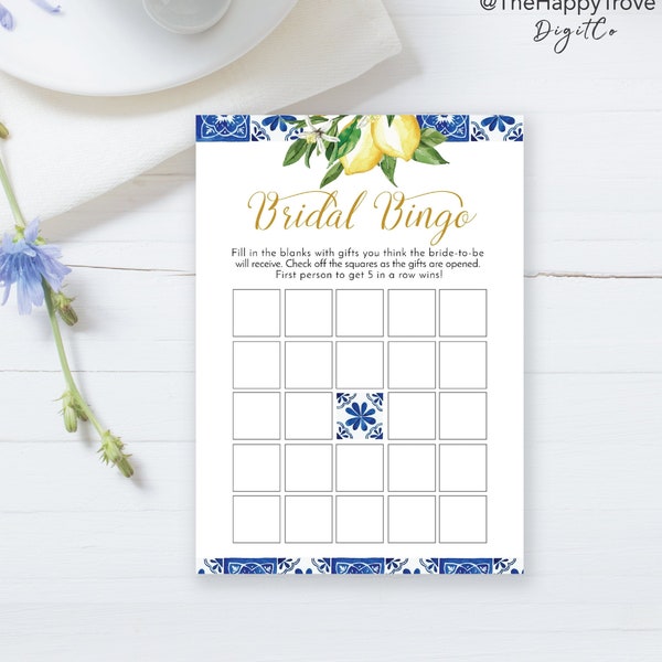 Blue Tiles Lemon Bridal Shower Game, Bridal Bingo, editable download, digital, template, electronic, printable L2