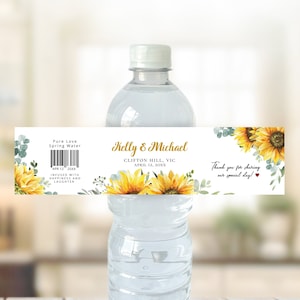 Etichetta per bottiglia d&#39;acqua a tema girasole, download immediato digitale modificabile, modello SU1
