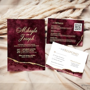 GRACE Burgundy & Gold druckbares Hochzeitseinladungs-Set, kastanienbraune Goldhochzeitseinladung Bündel, Rotgold einladen, Cherry Vibes einladen Vorlage
