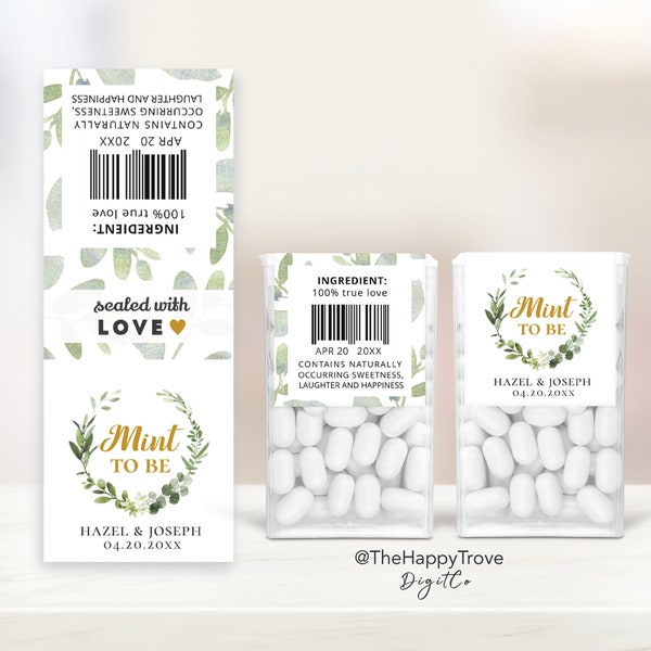 Greenery with Gold Mint To Be Tic Tac Label, wedding favor, bridal shower favor, printable digital instant download, template G1 G4