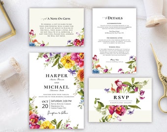 ELINA Maximalist Colorful Wedding Invitation Set, Vibrant, Bold, Bright, Wild flowers, Garden Wedding, Rainbow, digital download, template