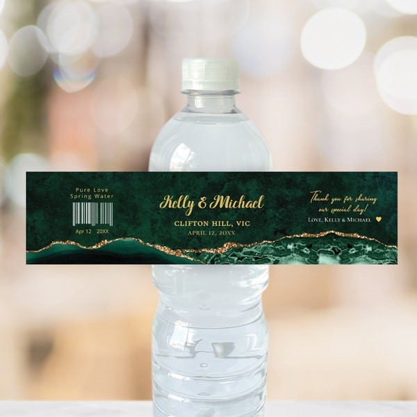 VERDA Emerald Green & Gold water bottle label, editable digital instant download, template