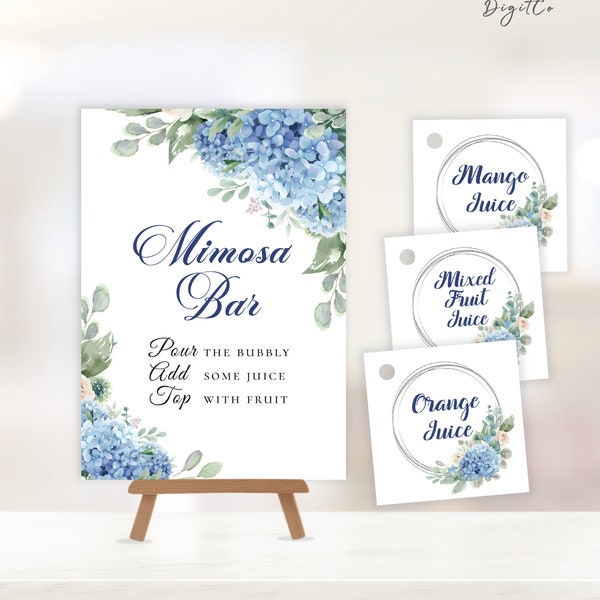 SINI Blue Hydrangea Mimosa Bar Sign and Tag, editable digital download,  template 8x10 5x7 portrait sign and  2.5" tag,  wedding