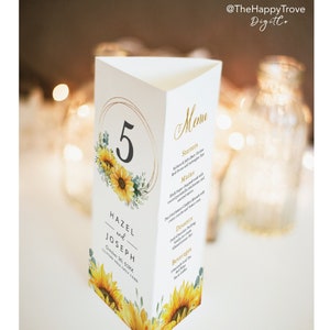 Sonnenblume Hochzeit Menüvorlage: Tischnummer zum Aufklappen (Digitaler Download) SU1