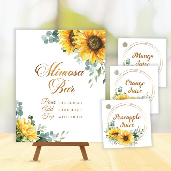 Sunflower Mimosa Bar Sign and Tag, editable digital download,  template 8x10 5x7 portrait sign and  2.5" tag, bridal shower, wedding SU1 SU2