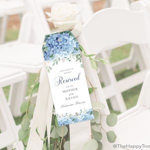 Etiqueta de assento reservada de assento azul hortênsia SINI Azul empoeirado Etiqueta de assento reservado para casamento Azul claro Modelo de etiqueta reservada de assento