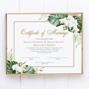 SUZANA Tropical Green Gold White Orchid Certificate of Marriage Tropical Beach Palm Leaf Marriage Cert Template
