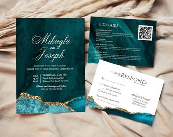 Teal Gold Wedding Invitation Suite, Coastal Beach Invite Bundle (Digital Download)