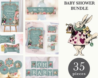 May include: A 35-piece baby shower bundle featuring Alice in Wonderland themed stationery and decorations. Includes a welcome sign, water bottle labels, candy bar wrappers, cupcake toppers, and an OH BABY banner with floral and rabbit illustrations.