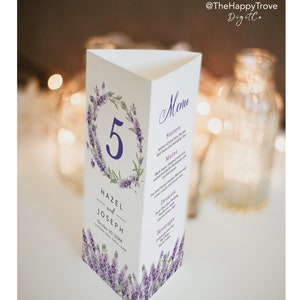 Menú de boda lavanda, tríptico con número de mesa (descarga digital editable) PU1