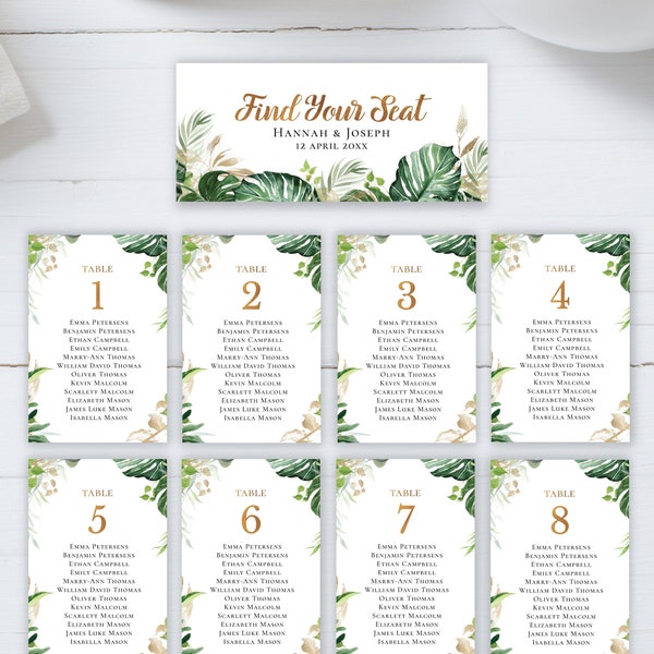 Tropical & Gold Seating Chart Set , Find your seat, editable digital instant download, template 4x6, 5x7, wedding TG1
