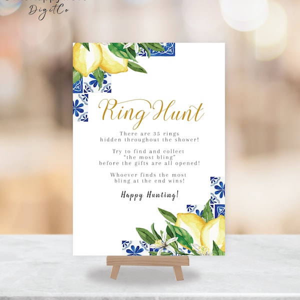 Blue Tiles Lemon Ring Hunt Signs, bridal shower game, editable digital download,  template 8x10 5x7 portrait, wedding, bridal shower, L2