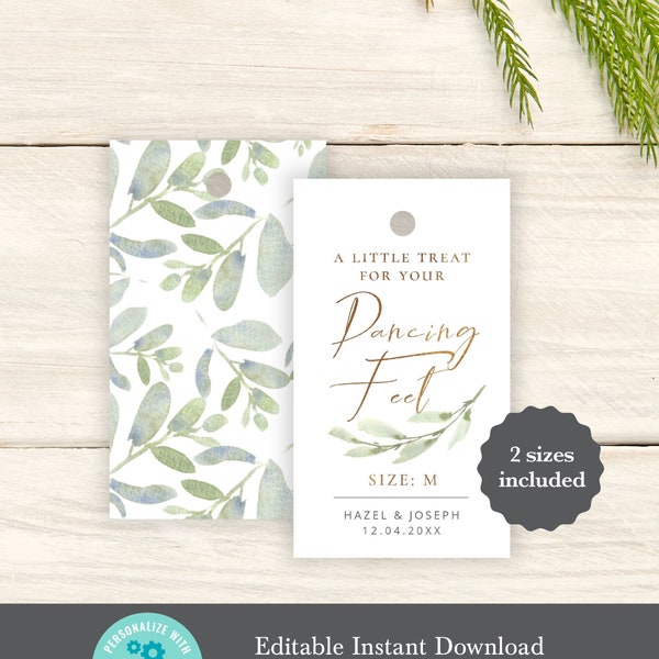 Greenery & Gold Flip Flop Tags, 2" x 3.5", dancing feet, editable instant download, digital download, G1 G4