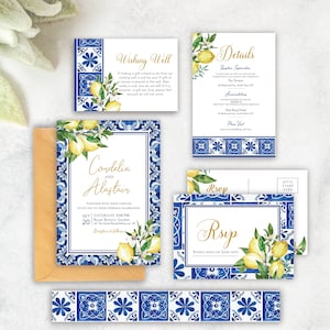 Conjunto de convites de casamento para impressão de azulejos azuis mediterrâneos e limão, download instantâneo editável, download digital, modelo L1, L2