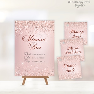 ROSA Rose Gold Glitter Mimosa Bar Sign and Tag, editable digital download,  template 8x10 5x7 portrait sign and  2.5&quot; tag,  wedding
