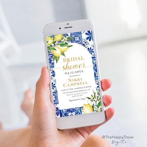 Mediterranean Blue Tiles and Lemon Bridal Shower Evite, Italian, Amalfi Coast, Navy Blue, Smartphone Electronic Invitation, template L2