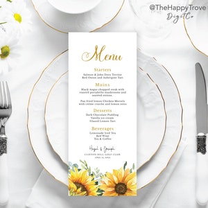 Menu tournesol, téléchargement numérique instantané modifiable, modèle 3,75 x 9 pouces, 4 x 8 pouces portrait, mariage SU1