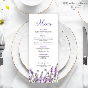 Lavendel-Menü, bearbeitbarer digitaler Sofort-Download, Vorlage 10 x 12 cm, 4 x 20 cm, Hochzeit PU1