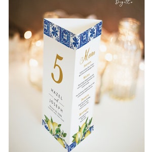 Blue Tiles Lemon Tri-Fold Menu Stand, table number sign, wedding program, editable digital instant download, template L2