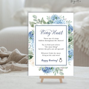 SINI Blue Hydrangea Ring Hunt Signs, bridal shower game, editable digital download,  template 8x10 5x7 portrait, wedding, bridal shower