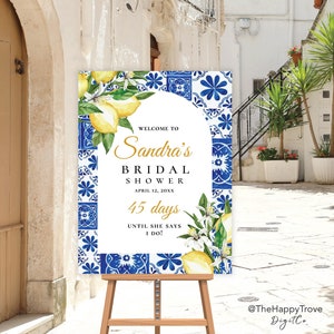 Mediterranean Blue Tiles and Lemon Bridal Shower Poster, Italian, Amalfi Coast, Positano, Navy Blue, template A1 A2 24"x36" 18"x24" L2