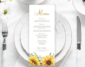 May include: A wedding menu card with a sunflower design. The menu includes starters, mains, desserts, and beverages. The card is titled "Menu" and has the text "Hagel & Joseph" and "Clifton Hill Golf Club" at the bottom.