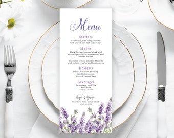 Lavender Menu, editable digital instant download,  template 3.75"x9", 4"x8" portrait, wedding PU1