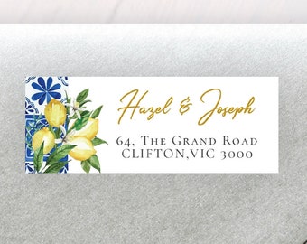 Blue Tiles Lemon return address label, editable digital instant download, template, wedding favour, bridal shower, L2