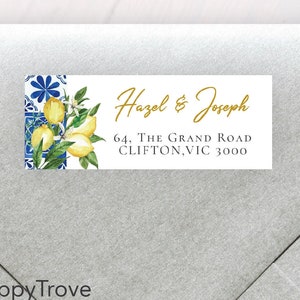 Blue Tiles Lemon return address label, editable digital instant download, template, wedding favour, bridal shower, L2