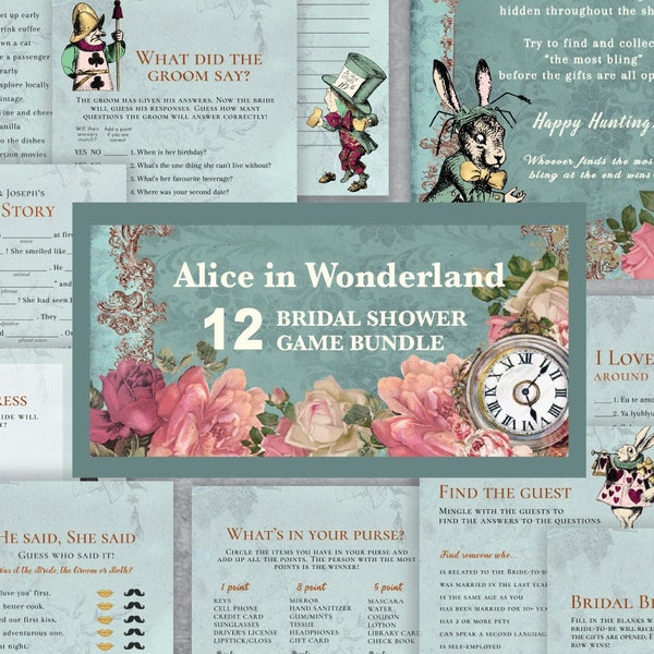 ALICE in Wonderland Whimsical themed Bridal Shower Game Bundle, Set, instant download, digital download, template