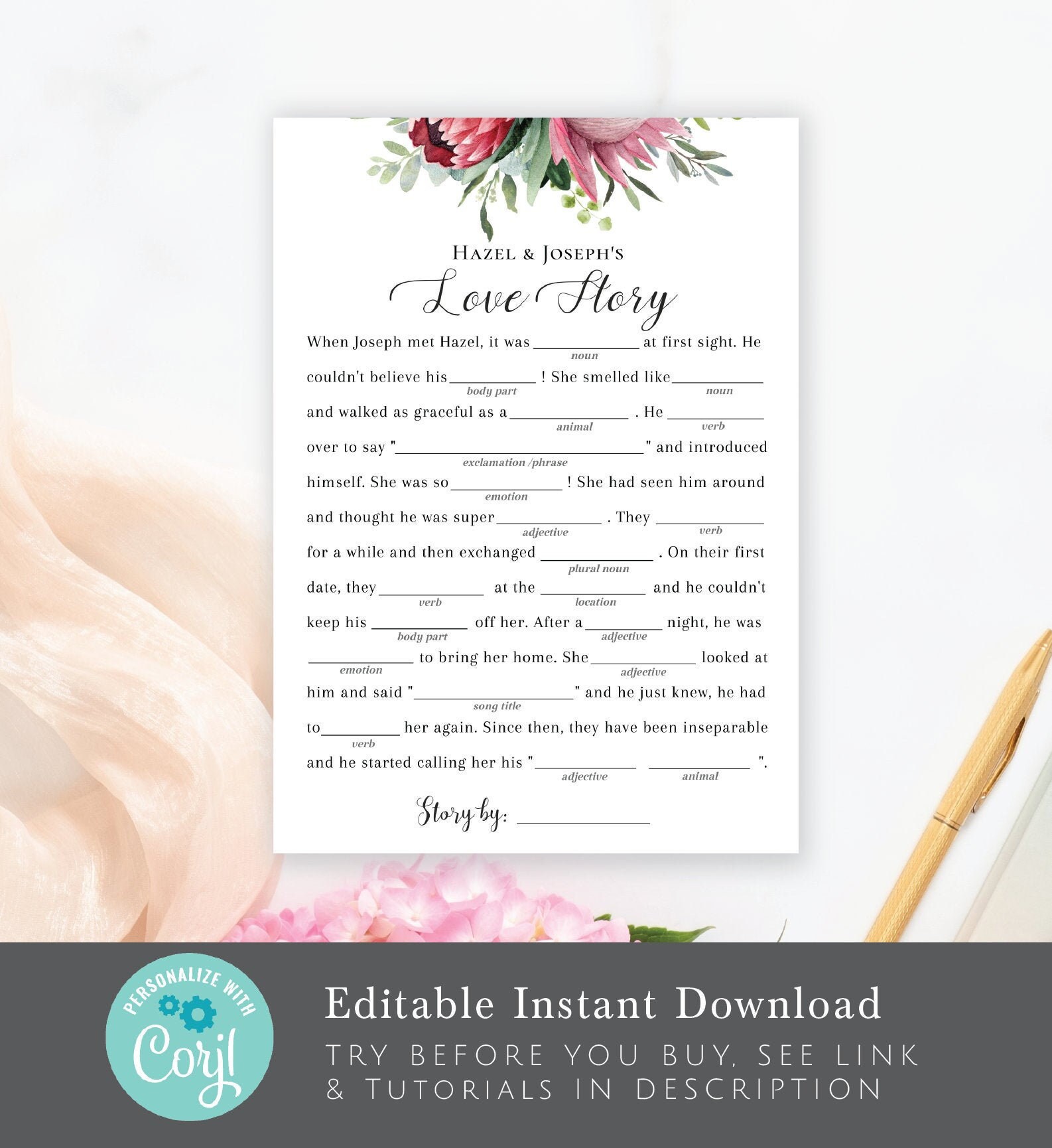 Protea Bridal Shower Game Love Story Mad Libs Editable Etsy Australia