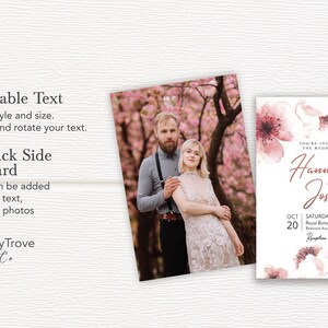 K&ouml;nnte beinhalten: Eine Hochzeitseinladung mit einem Aquarell-Blumenmuster in Rosa- und Wei&szlig;t&ouml;nen. Die Einladung enth&auml;lt die Namen "Hannah und Joseph" sowie das Datum und die Uhrzeit der Hochzeit. Der Text "Sie sind eingeladen zur Hochzeit von" ist ebenfalls enthalten.