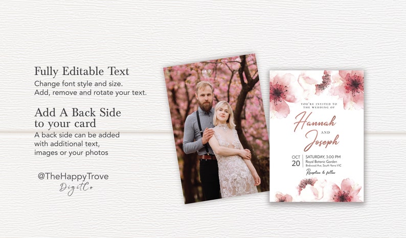 K&ouml;nnte beinhalten: Eine Hochzeitseinladung mit einem Aquarell-Blumenmuster in Rosa- und Wei&szlig;t&ouml;nen. Die Einladung enth&auml;lt die Namen "Hannah und Joseph" sowie das Datum und die Uhrzeit der Hochzeit. Der Text "Sie sind eingeladen zur Hochzeit von" ist ebenfalls enthalten.