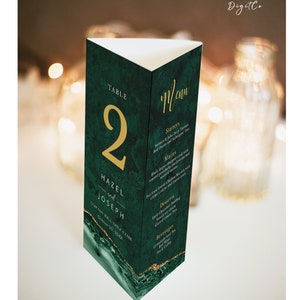 Support de menu 3 volets vert émeraude et or VERDA, plaque numéro de table, programme de mariage, téléchargement numérique instantané modifiable, modèle