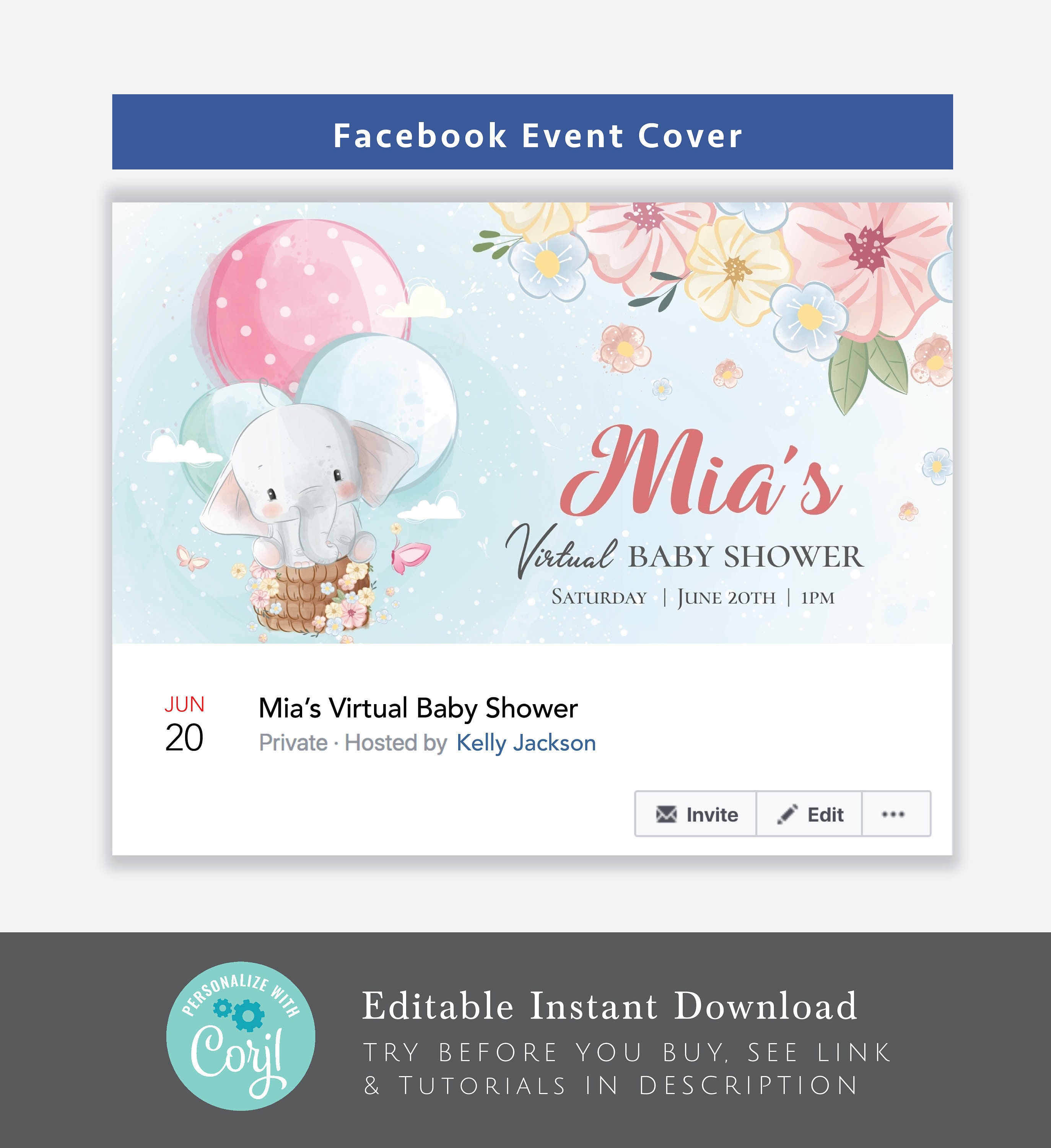 Virtual Baby Shower facebook event cover baby girl elephant Etsy