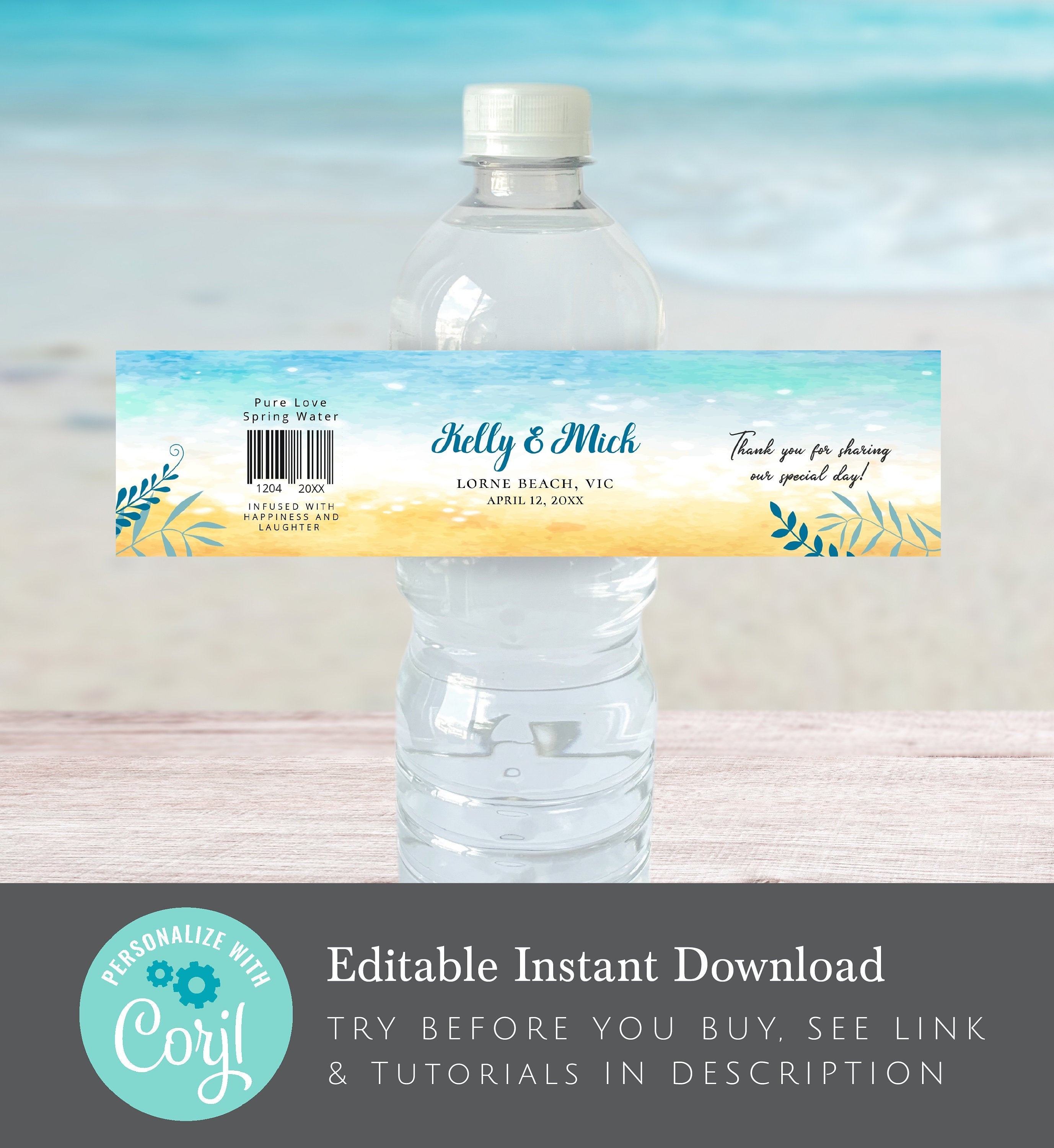 Beach themed Water Bottle Label editable digital instant | Etsy